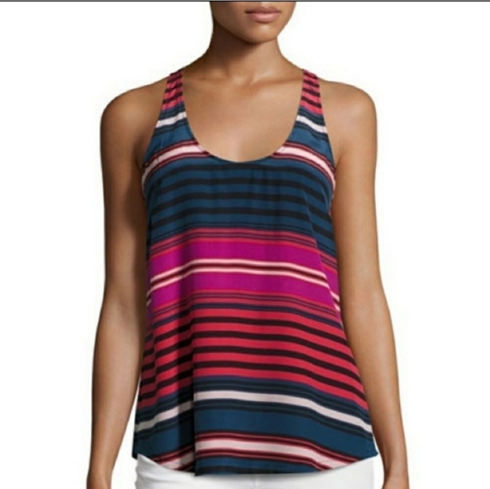 Joie Striped Silk Tank Top In Caviar Navy Racerback SM Small‎